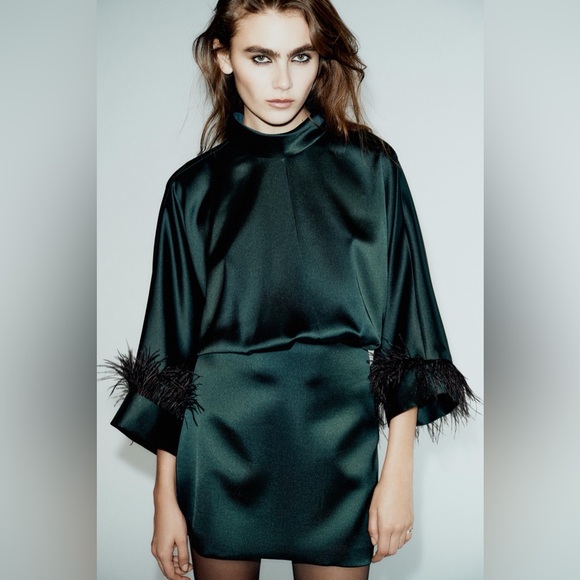 Zara Elegant Dark Green Satin Dress with Feather Accents